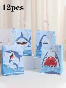 6 piezas/12 piezas Bolsas de regalo de fiesta de tiburón, bolsas de regalo de fiesta de cumpleaños de tiburón azul con asas retorcidas, suministros para fiesta de tiburón, decoraciones de baby shower de océano de verano