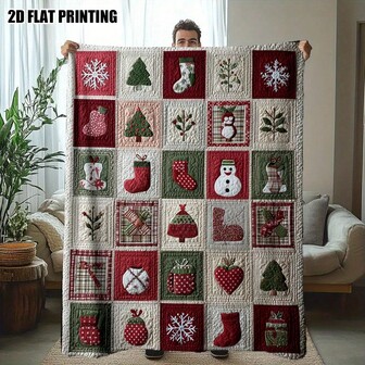 1 件节日圣诞法兰绒被子 - 柔软、浅米色友好型涤纶混纺，四季舒适，非常适合旅行、办公室或沙发放松，带有雪花、圣诞树等的节日主题印花，办公室毯子 | 现代风格 | 涤纶混纺，圣诞节
