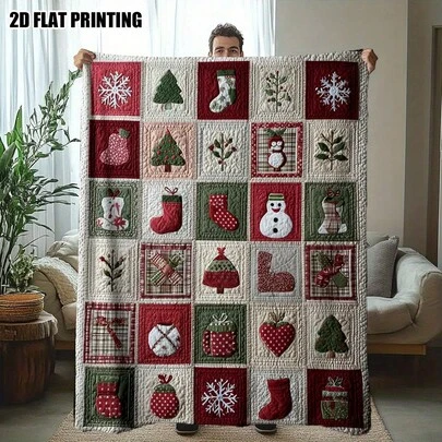 1 件节日圣诞法兰绒被子 - 柔软、浅米色友好型涤纶混纺，四季舒适，非常适合旅行、办公室或沙发放松，带有雪花、圣诞树等的节日主题印花，办公室毯子 | 现代风格 | 涤纶混纺，圣诞节