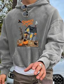 Halloween "Spooky Lane" Ghost House, Pumpkin Lantern & Crow Print"Nightmare Before Christmas, Horror. American Retro Print Pattern 1Pcs 500g Pure Heavy 100% Cotton Cordless Sweatshirt, Letter Spring/Fall Winter All Loose Washed Popover , Christmas Halloween Thanksgiving Day  New Year, Y2K Street  Hip-Hop Campus Fashion Style, Suitable For Parties And Play - 灰色 - 查看 1