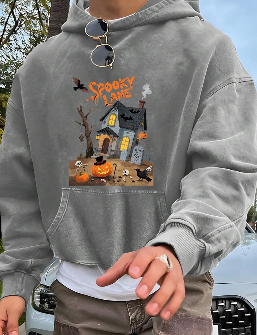 Halloween "Spooky Lane" Ghost House, Pumpkin Lantern & Crow Print"Nightmare Before Christmas, Horror. American Retro Print Pattern 1Pcs 500g Pure Heavy 100% Cotton Cordless Sweatshirt, Letter Spring/Fall Winter All Loose Washed Popover , Christmas Halloween Thanksgiving Day  New Year, Y2K Street  Hip-Hop Campus Fashion Style, Suitable For Parties And Play - 灰色 - 查看 1