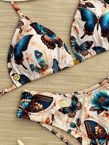 Biquíni Cortininha Com Bojo Removível Parte de Baixo Borboletas Estampado - Azul e Branco - Visão 2