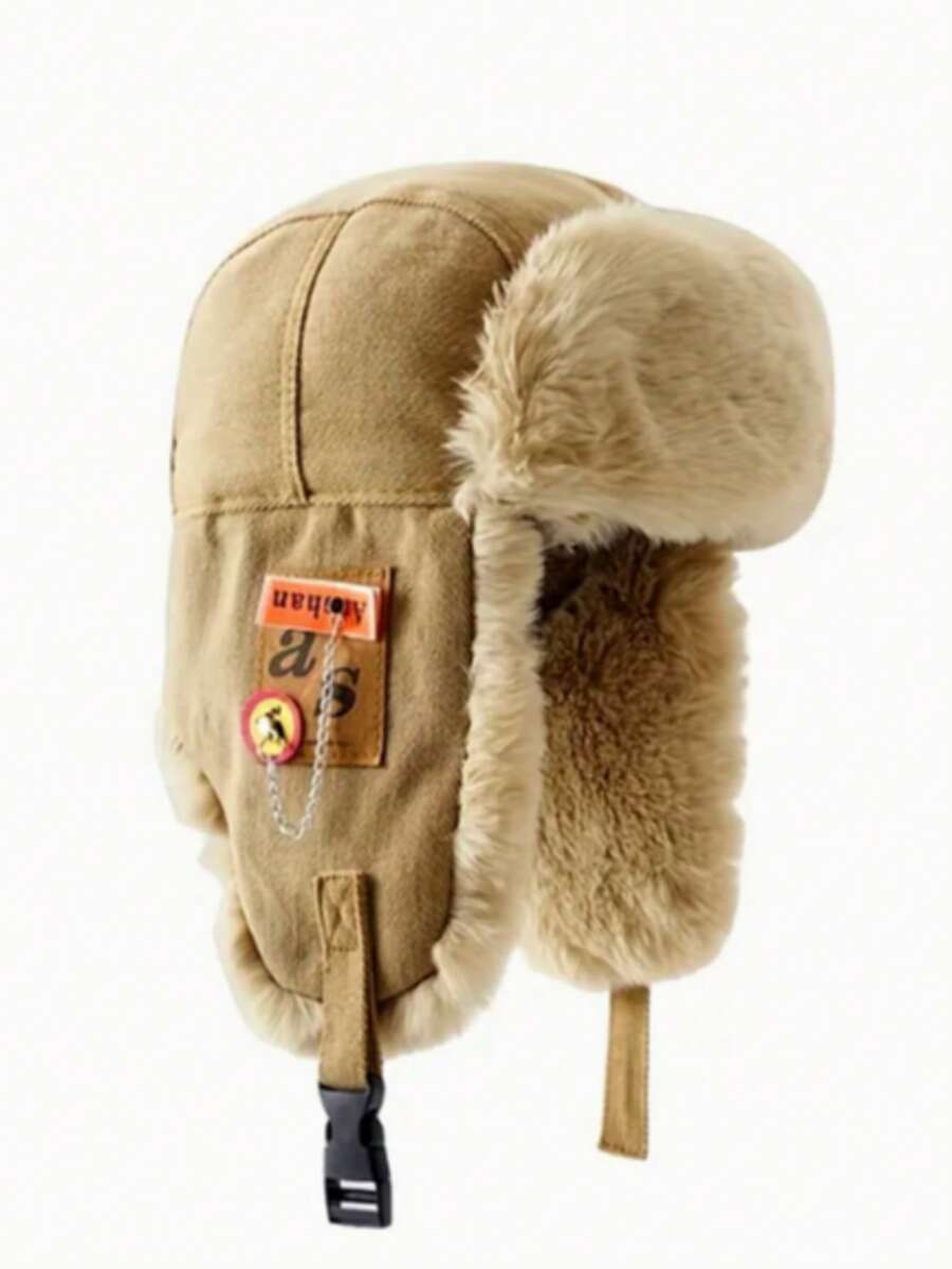 1pc Plush Plus Thickened Earmuffs Windproof Aviator Cap With Chain And Cloth Label For Men Women, Solid Color Casual Polyester Trapper Hat, Winter