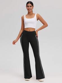 OQQ Women's High Waist Flare Yoga Pants With Pockets – Workout Trousers With Side Stripe Gym Sport Workout Pants Trousers - Black - View 3