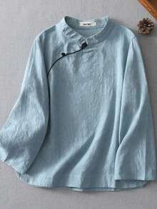 LUCIDVUE 1 Stück Damen Chinesischer Vintage Stil Mandarin Kragen Schräger Knopfleiste Jacquard Blau Leinen Bluse, elegantes verbessertes Hanfu, Frühling/Herbst - Blau - Übersicht 1