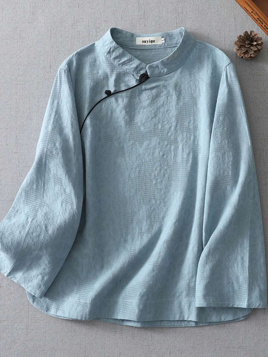 LUCIDVUE 1 Stück Damen Chinesischer Vintage Stil Mandarin Kragen Schräger Knopfleiste Jacquard Blau Leinen Bluse, elegantes verbessertes Hanfu, Frühling/Herbst - Blau - Übersicht 1