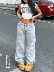 PETITE Women's Casual Water-Washed Wide Leg Denim Jeans For Daily Wear - 淺色水洗藍 - 查看 2