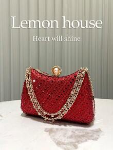 1pc Shiny Rhinestone Embellished Red Clutch Bag, Elegant And Fashionable For Evening Gowns, Suitable For Cocktail Party, Wedding, Prom, Formal Occasions - Red - View 5
