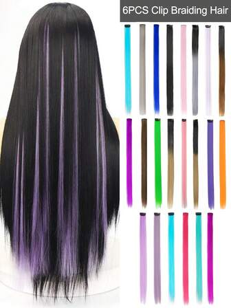 6 Pieces/Pack Halloween Party And Christmas Day Synthetic Extension Clip Hair 20 Inch Flash Hair Extensions Rainbow Sparkle Flash Hair Blue, Pink, Purple, Black, Red, Lake Blue, Green, Orange, Brown, Black To Brown, Multicolor Strands Heat Resistant Flash Hair Extensions Synthetic Woven Clip-In Hair Extensions For Straight Hair For Women Cosplay Parties And Y2K-Style Hair
