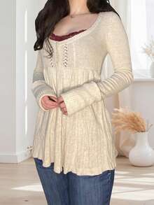 Women's Y2k Long Sleeve Knitted Tops Solid Color Button Front Scoop Neck Flared Hem Blouse Sweaters Spring Fall Casual Streetwear Fairy Aesthetic Clothes - 白色 - 查看 4