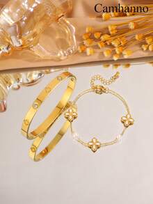 Camhanno 2 Luxurious And Elegant Stainless Steel Classic Style Bracelet Sets, Suitable For Dates, Parties, Gatherings, And Daily Commuting, Excellent Gifts For Romantic Dates, Vacations, Spring And Summer Clothing Matching, And Giving To Friends, Family, And Mothers