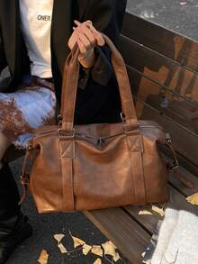 City Commute Large Capacity Shoulder Tote Bag, Solid Color Vintage PU Leather, Versatile High-Quality Bag Suitable For Travel, Shopping, Work, Etc.