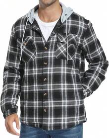 Men's Long Sleeve Plaid Button Quilted Lined Flannel Shirt Jacket With Hoodhalloween - A02 Black Grid - View 1