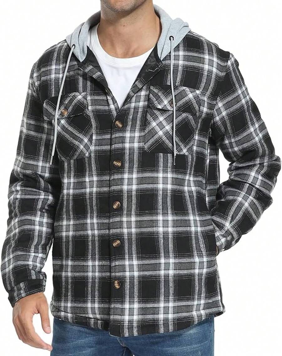 Men's Long Sleeve Plaid Button Quilted Lined Flannel Shirt Jacket With Hoodhalloween - A02 Black Grid - View 1