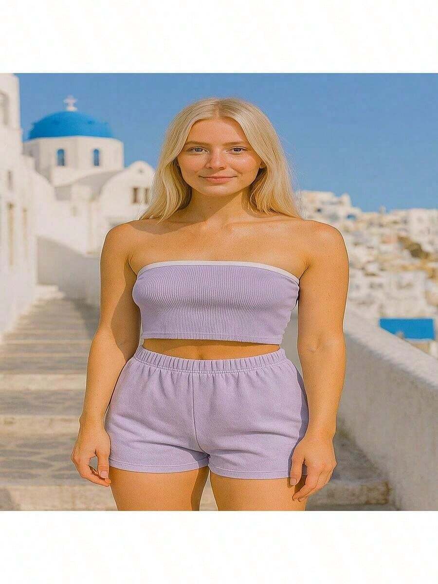 Conjunto Verão Lola – Cropped Tomara que Caia Ribana Com Bojo+ Shorts Feminino Cos Alto Elegante