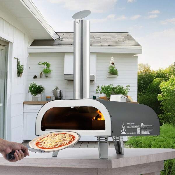 Outdoor Pizza Oven, 12 Inch Wood Fired Pizza Ovens, Pellet Pizza-Stove With Thermometer, Portable Pizza-Maker For Outside Backyard Patio Camping, Pizza-Stone, Carry Bag, Shovel, Black