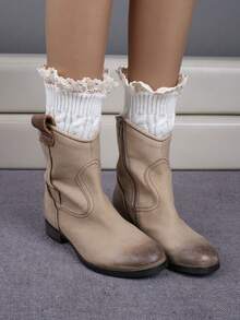 1 Pair Of Lace Leg Covers Paired With Covers For Boots Warm Leg Protection Women's Autumn And Winter Short Knitted With Pleated Lace, Cozy - Multicolor - View 9