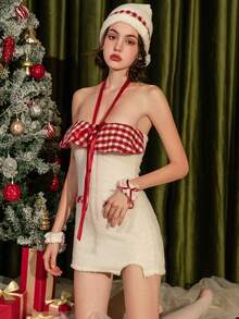 White And Red Christmas Themed Cosplay Dress With Plaid Detail And Pencil Hem For Parties