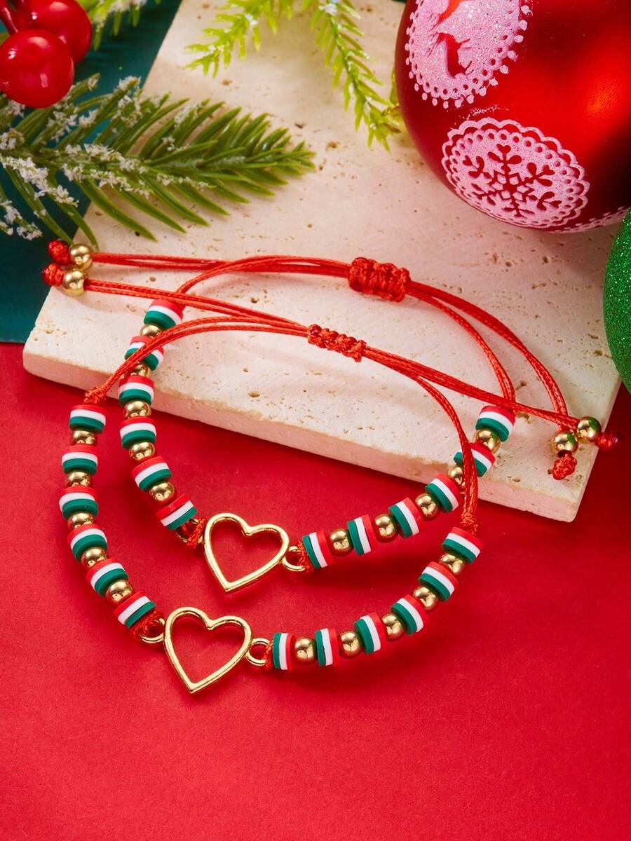 2 piezas Pulsera trenzada con cuentas ajustable con contraste de rojo, verde y blanco navideño
