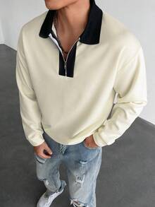 Men's Casual Color Block Long Sleeve Commuter Zip Design Polo Shirt, Fall - White - View 4