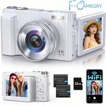Cámara digital 4K CAMKORY talla grande reciente con pantalla de 3" giratoria 180°, cámara compacta con WiFi, cámara vlog de 64MP con zoom digital 16X, anti-sacudidas, autofocus, cámara de viaje para adolescentes y principiantes + tarjeta SD de 32GB + 2 baterías