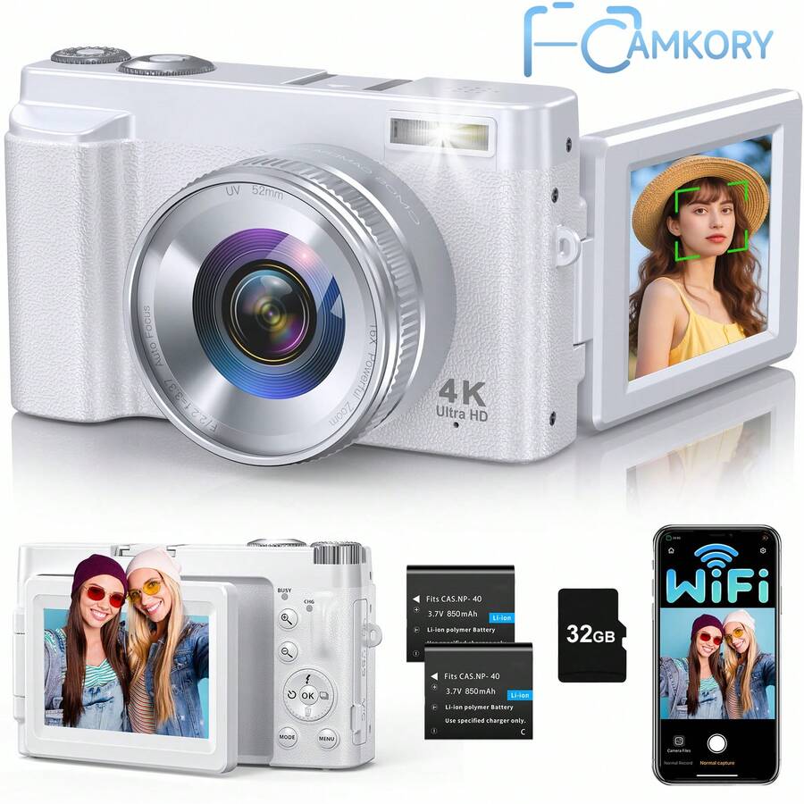 Cámara digital 4K CAMKORY talla grande reciente con pantalla de 3" giratoria 180°, cámara compacta con WiFi, cámara vlog de 64MP con zoom digital 16X, anti-sacudidas, autofocus, cámara de viaje para adolescentes y principiantes + tarjeta SD de 32GB + 2 baterías