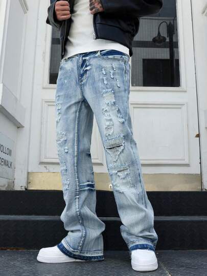 Men's Denim Jeans Flared Leg Jeans, Slim Fit Distressed Flare Leg Jeans, Y2K Stacked Jeans, Versatile Washed Embroidered Jeans For All Seasons