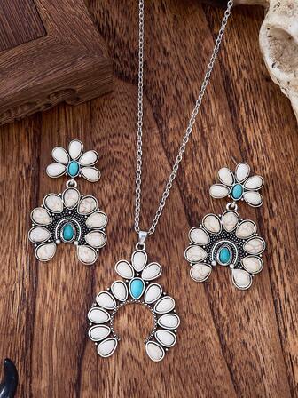 MONLOTTI 3pcs Western Cowboy Girl Retro Fashion Personalized Pumpkin Horsehoe Classic Zinc Alloy Turquoise Necklace And Earring Set, Bohemian Beach Vacation Theme Set,Charm Pendant Necklace Set,Jewlerly