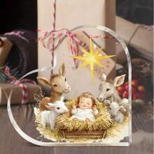 1 Stück, herzförmiges Acryl-Ornament mit Weihnachtskrippen-Motiv, perfekt für Heim- und Bürodekoration, ideales Feriengeschenk, moderner Stil, religiöses Thema, Weihnachtsdekoration