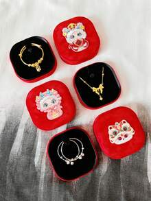 1 Set Embroidered Velvet Snake Year Baby Bracelet, Necklace, Anklet, Jewelry Box (Jewelry Not Included)