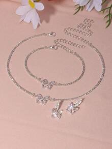4 piezas Set joya con diamante de imitación con diseño de mariposa - Plateado - Ver 2