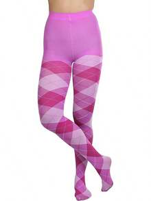 Women's Argyle Checkered Rhombus Net Opaque Sheer Tights Pantyhose, Fashionable 2025 7FWD - 大號不透明對比菱形花紋印花 - 粉紅色/紫紅色 - 查看 10
