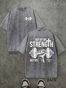 Retro Washed T-Shirt Double Sided Printed (230 Pure Cotton T-Shirt) 'NOT BY MY STRENGTH BUT HIS'  Letter And Pattern Print, Men's T-Shirt, Men's Casual, Comfortable, Fashionable T-Shirt, Street Style Cotton - 灰色 - 查看 1