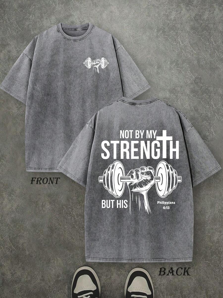 Retro Washed T-Shirt Double Sided Printed (230 Pure Cotton T-Shirt) 'NOT BY MY STRENGTH BUT HIS'  Letter And Pattern Print, Men's T-Shirt, Men's Casual, Comfortable, Fashionable T-Shirt, Street Style Cotton - 灰色 - 查看 1