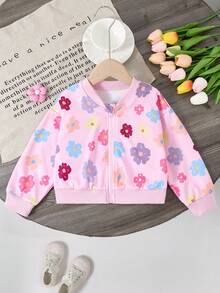 Girls' Ditsy Floral Baseball Jacket, Long Sleeve Zip-Up Cropped Cardigan For Autumn/Winter - Pink - View 2