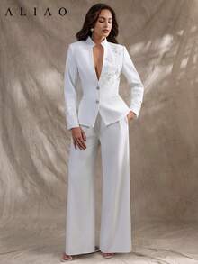 Aliao Court 风格 3D 立体花卉刺绣亮片腰线 V 领西装外套，简约风格，优雅日常穿着及商务休闲外套，适合秋季、万圣节、老钱风格，纽扣大衣，春季白色 - 白色 - 查看 7