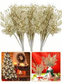 Juego de 5 piezas para decoración de árbol de Navidad, adornos navideños dorados, ramas artificiales con flores de glitter y bayas, ramas con tallos de flores de glitter doradas, adecuado para decoración de árbol de Navidad, regalo, jarrón pequeño, decoración del hogar, fiesta de boda y decoración navideña de invierno