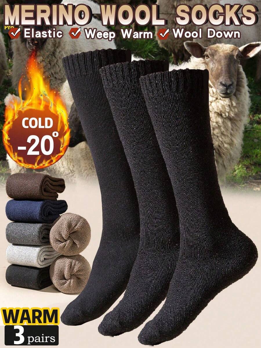 3 Pairs Men's Black Extra Long & Thick Wool Blend Thermal Leg Warmers, Soft Merino Wool Blend Knee High Socks For Winter, Skiing & Business Wear (Runs Small), Cozy Socks - Multicolor - View 1
