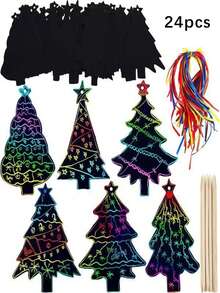 24/48 pièces Set de grattage de Noël, Signets à gratter en papier pour sapin de Noël DIY, Grattages décoratifs d'arbre de Noël créatifs, Signets de bonhomme de neige DIY pour création de peinture libre, Cadeaux créatifs de Noël
