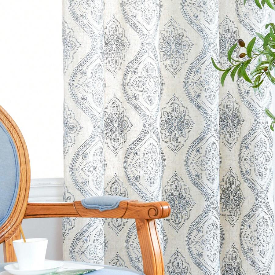 Vangao 2 Pcs Boho Linen Curtains For Living Room Embroidered Design Window Curtains Light Filtering Flax Linen Blend Window Treatments Set Gorgeous French And Vintage Look Curtain Panpel Great Quality Drapes - 藍色 - 查看 1