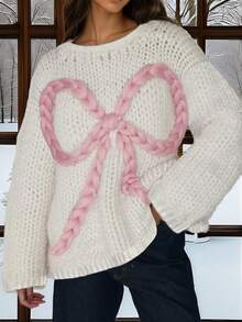 ملابس علوية كبيرة الحجم بتصميم عقدة ثلاثية الأبعاد مزخرفة، قطعة محبوكة بشكل سميك مع أكتاف منسدلة، ملابس الشارع، متعددة الاستخدامات#عقدة رومانسية