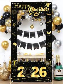 1set New Year Theme Black Gold Vinyl Photo Frame Decoration Frame, For New Year Party Celebration Birthday Holiday Party Photo Props Photo Background Decor, Black Gold 2026 New Year Party Hanging Decoration Banner, New Year Party Favor,Happy New Year Party Decoration,New Years Decorations Supplies,2026 New Year Booth Props,Party Supplies Gift Props - Black Gold - View 8