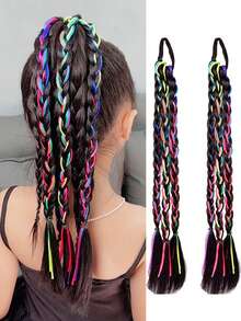 18inch 2PCS Girl Kids (Triple Braid Hairstyle+Colorful String)With Rubber Band Natural FashionBallet Style Wig Braids Hair Accessory, Twist Braid Ponytail Wig. - Multicolor - View 15