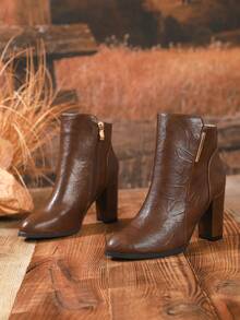 Women's High Heel Ankle Boots, New Autumn/Winter Solid Color Chunky Heel Pointed Toe Sexy Fashion Versatile Boots, Soft Leather Buckle Mid-Calf Boots, British Style Short Boots - Brown - View 6