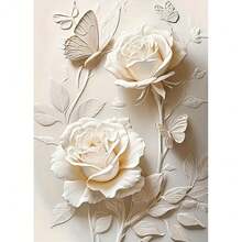 1 pieza Póster de arte de pared Moderno y elegante con rosa blanca y mariposa en lienzo 2D - Decoración floral moderna para sala de estar, dormitorio, oficina - Pintura abstracta de flores enmarcada con acentos en crema - Regalo perfecto para Halloween, Acción de Gracias, Navidad