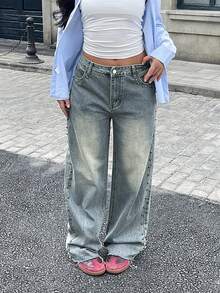 Jeans rectos y sueltos con adornos de strass, estilo vintage casual para mujer, moda europea y americana de comercio transfronterizo - Lavado ligero - Ver 5