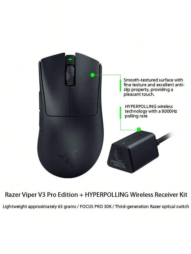 RAZER Deathadder V3 PRO Wireless Gaming Mouse With Type-C Charging, 8KHz Polling Rate, 30,000 DPI Resolution, Lightweight Design, Ergonomic Grip, Black, And 8K Receiver Set