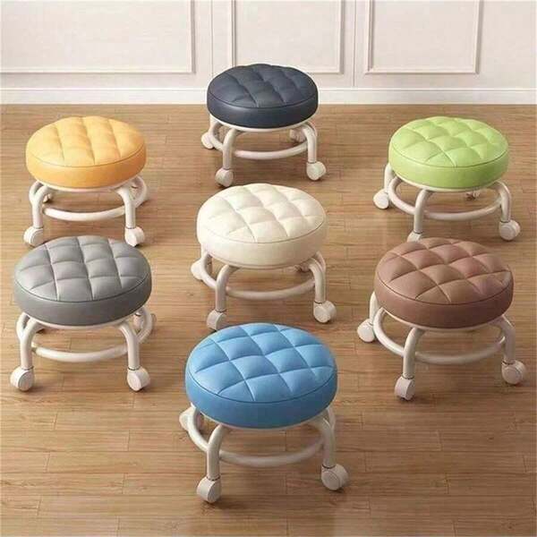 Plastic Swivel Stool With Wheels, Quiet Multidirectional Casters, Cushioned Seat, Rotating Cleaning Stool, Colorful Shoe Changing Stool For Living Room
