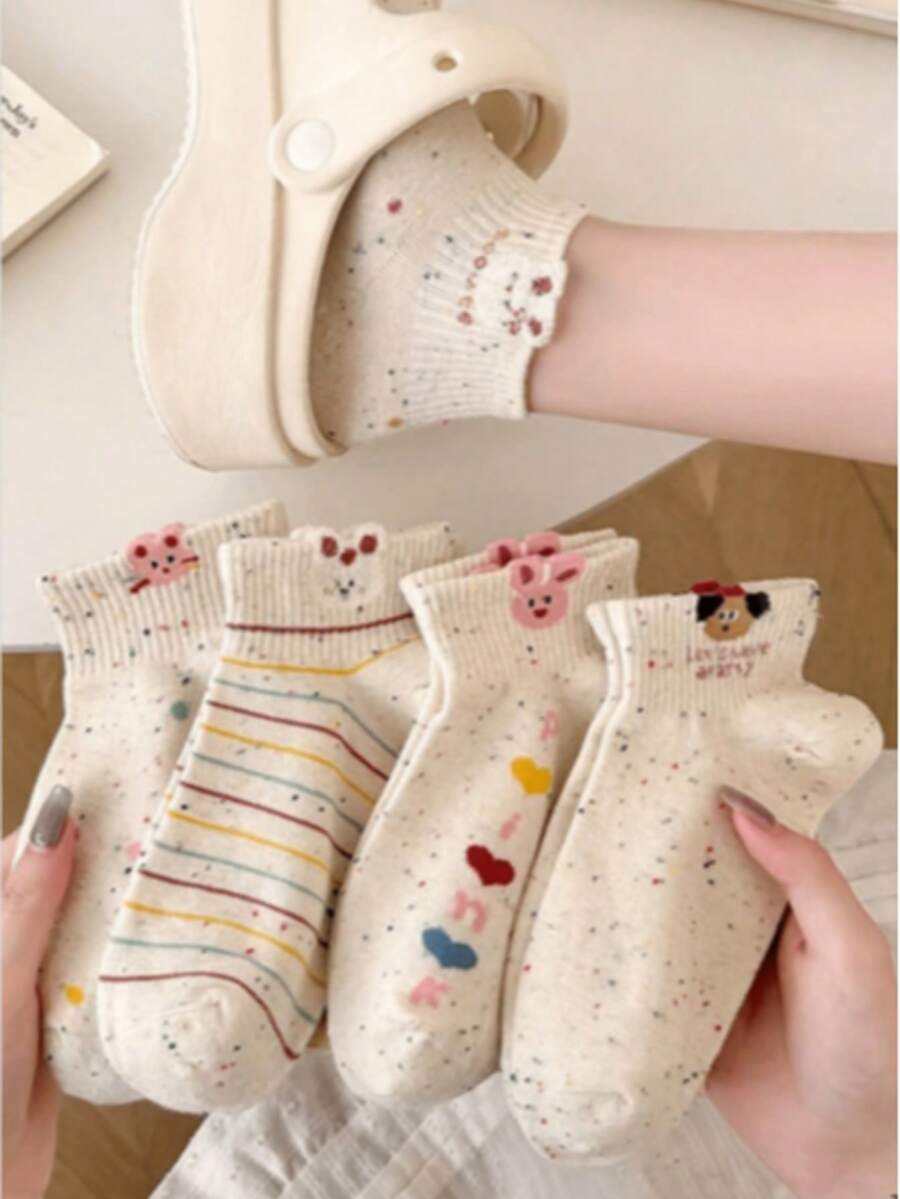5双装女士波点网眼短袜，时尚可爱卡通图案，透气吸湿休闲运动袜，春夏款