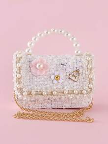 1pc Children's Pearl Flower Letter Alloy Sticker Decor Beaded Lace PU Felt Material Flap Closure Metal Chain Cute Beaded Handbag, Girls Sweet Princess Crossbody Bag, Snack & Coin Purse, Suitable For Christmas And Daily Use